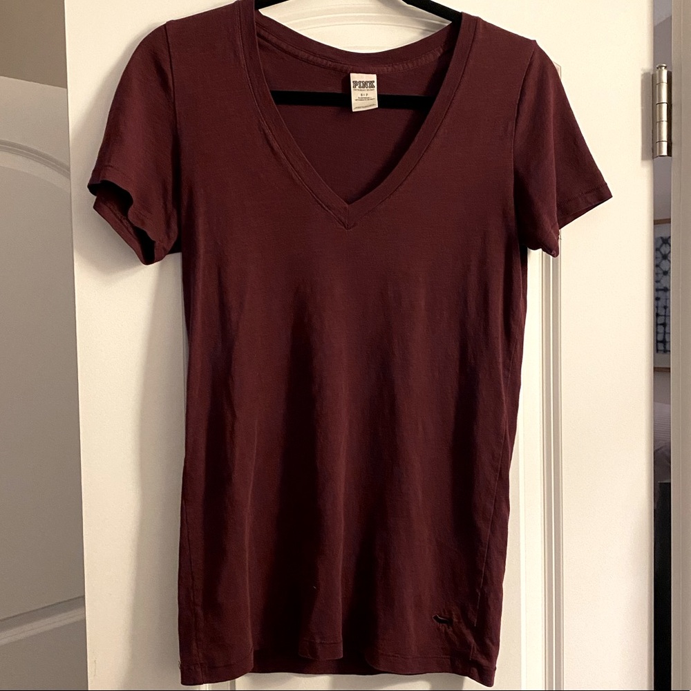 Victoria’s Secret PINK Maroon V-Neck Tee Size Small